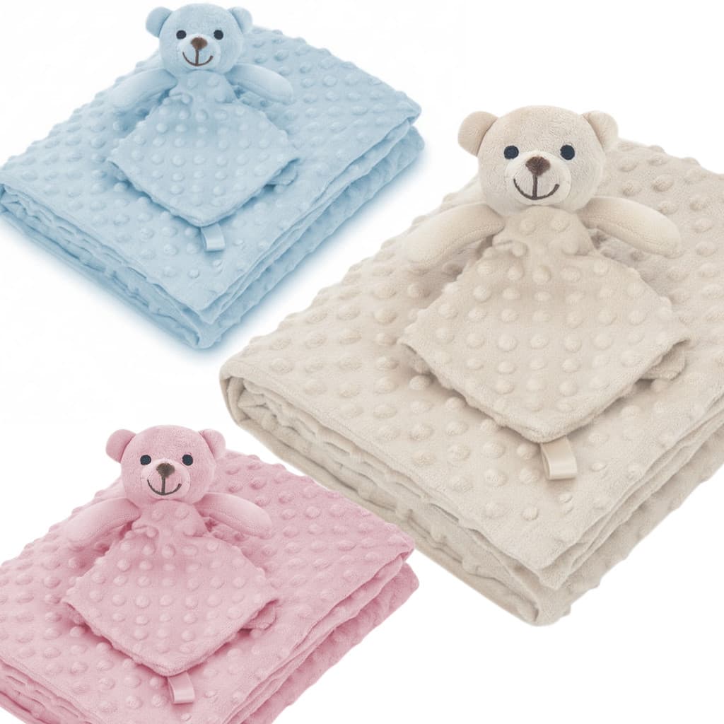 Kit Manta + Naninha Bebê com Prendedor de Chupeta - Urso Azul Bege e Rosa Pipoquinha Hipoalergenica