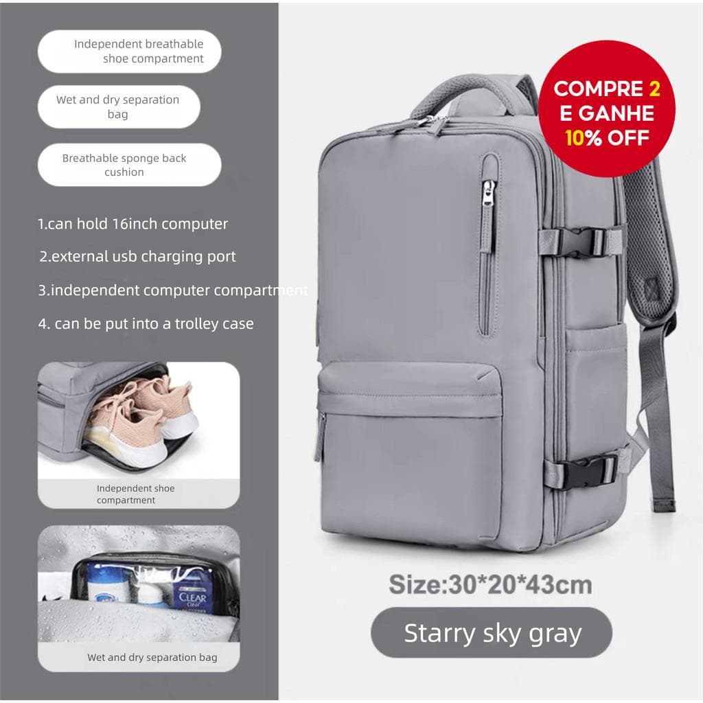  Mochila de Viagem Multi-Pocket Impermeável | Bolsa para Laptop com Compartimento para Sapatos, Uso Fitness e Comutação