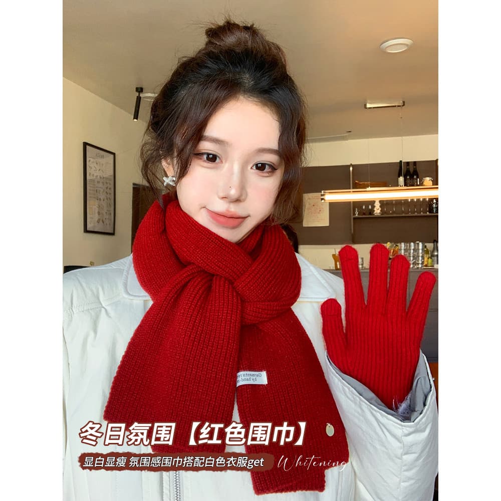 Lenço vermelho meninas inverno 2026 novo estilo estilo estilo coreano atmosfera presente de ano novo lã malha cachecol q