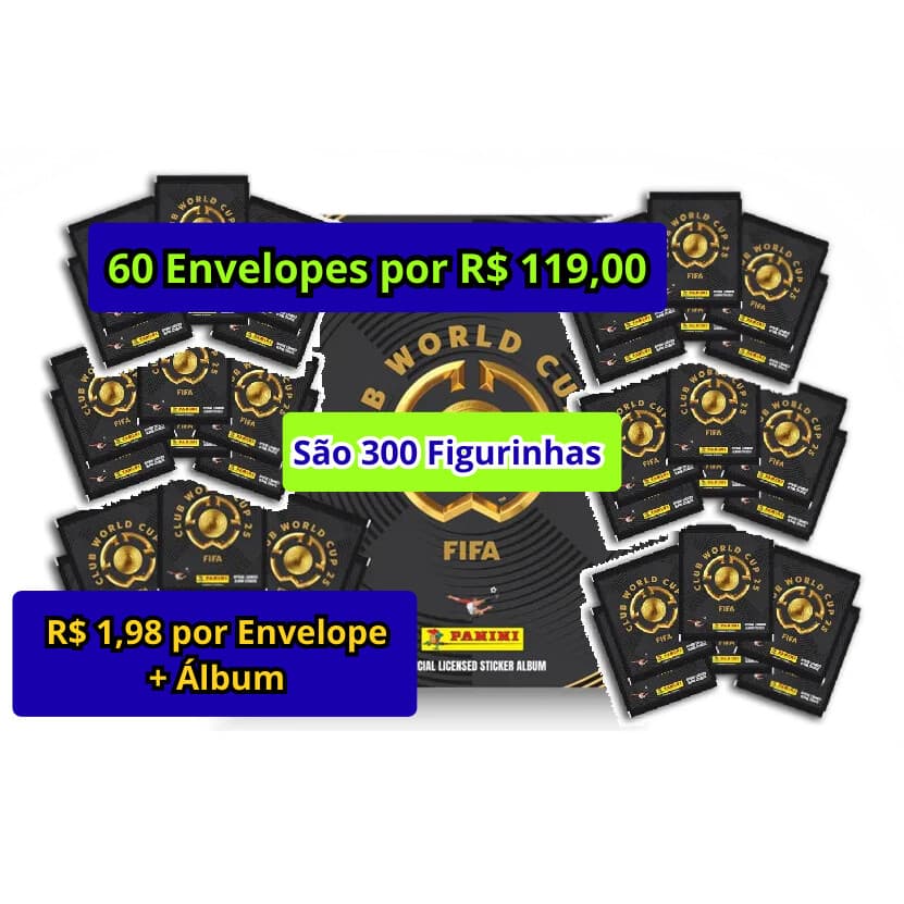 Kit 60 Envelopes de Figurinha Mundial de Clubes FIFA 2025 Panini + Álbum Brochura - 300 Cromos