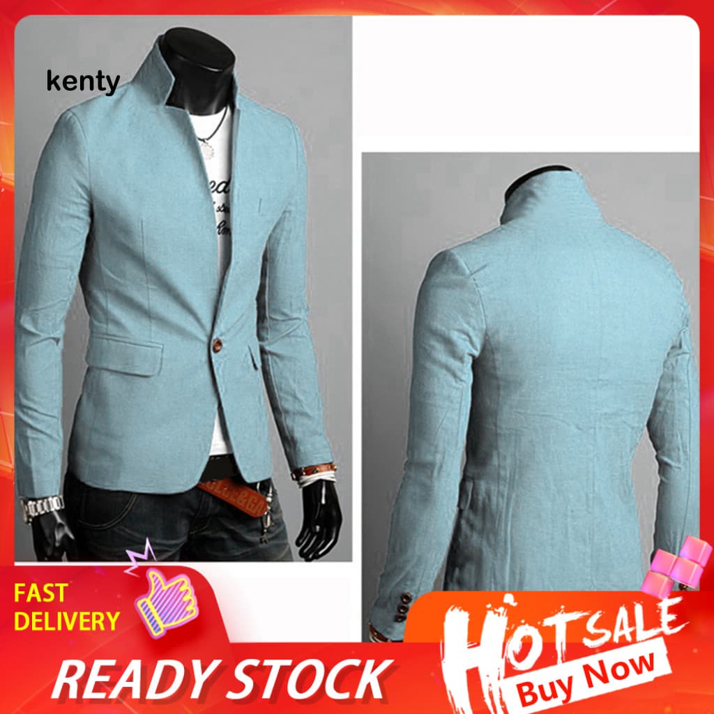 kT Masculino Outono Cor Sólida Lapela Gola Botão Bolsos Decoração Casaco De Negócios Blazer