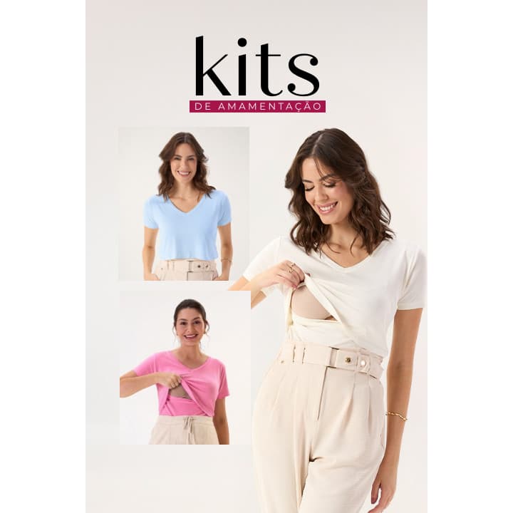 KIT 3 BLUSAS DE AMAMENTAÇÃO GOLA V | OFF • ROSA • AZUL CLARO