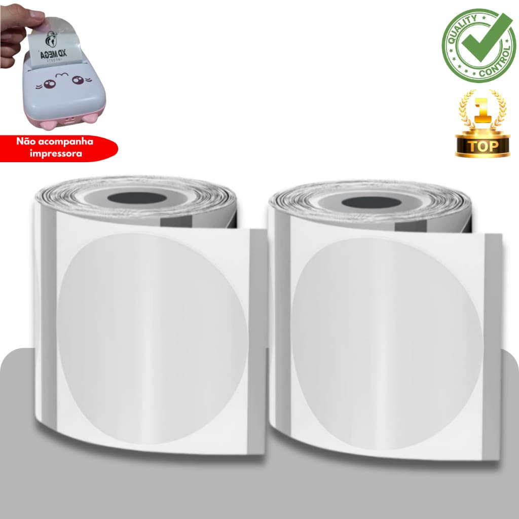 2 ROLOS DE ETIQUETA REDONDA 50X50 TRANSPARENTE PARA IMPRESSORA GATINHO