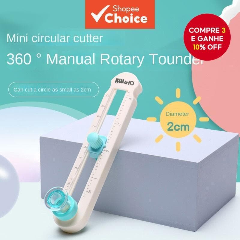 Compasso rotativo manual de 360 graus, diâmetro mínimo de 2 cm, ferramenta de corte e arredondamento.