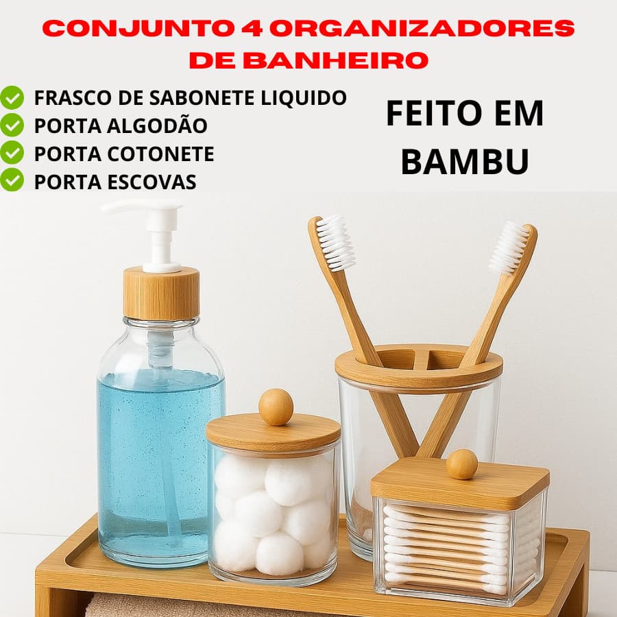 Conjunto 4 Organizadores De Banheiro Sabonete Líquido Bambu Porta Cotonete Algodão Organização