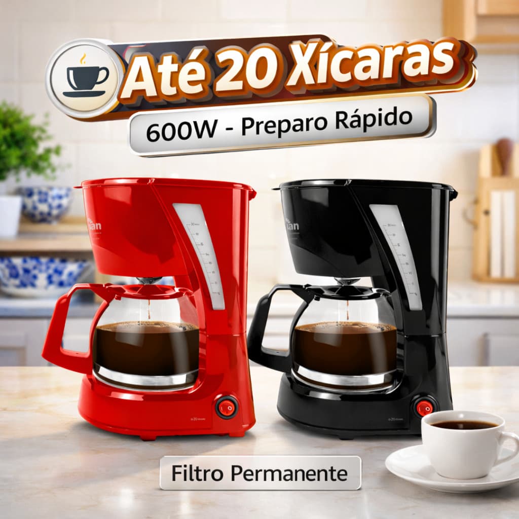 Cafeteira Elétrica 20 Xícaras 600W Filtro Reutilizável Preto/Vermelho 127V ou 220V