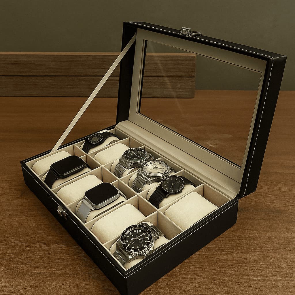 Caixa Maleta Estojo Preto Couro Para Guardar Relógios Porta Relógio E Oculos