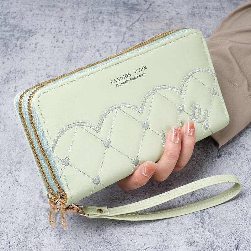 Carteira Bordada para Mulheres, Bolsa de Telefone Móvel Fashion, Porta-Moedas Feminino com Zíper Longo, Bolsa de Mão, Es