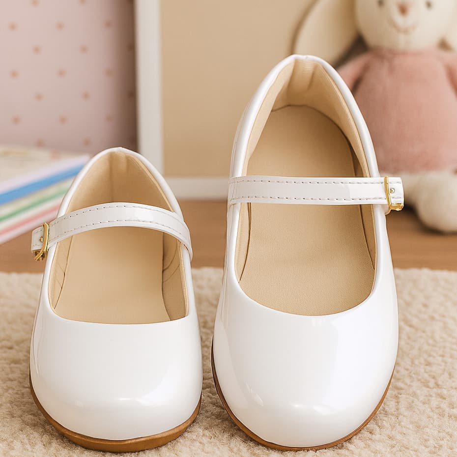 Sapatilha Infantil Menina Verniz Branco Bailarina Confortável Escolar Antiderrapante 16 ao 35