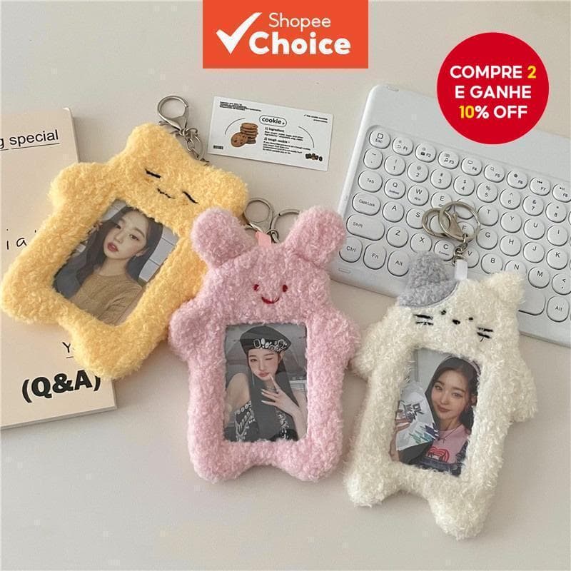 Porta-Cartões Fotográficos Coreanos De Pelúcia Com Chaveiro De Crédito Identificação Bancária Papelaria