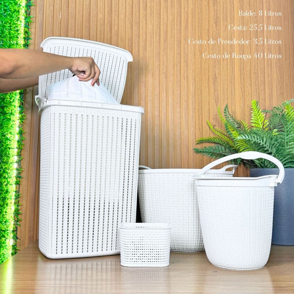 Kit Completo de Organização: Cestos, Balde, Bacia e Cesta de Trama Branca - Solução Ideal para Lavanderia