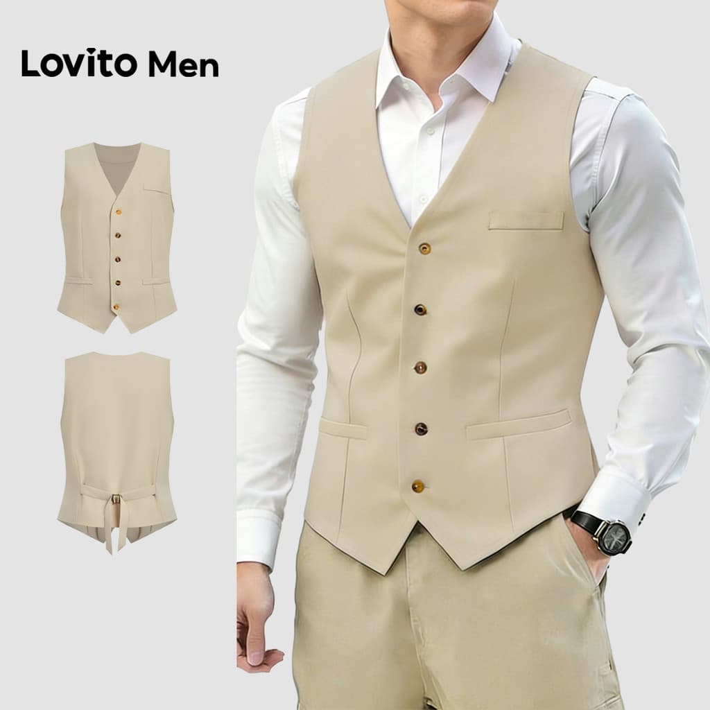 Lovito Men Colete Casual com Botão No Bolso Estrutura de Linha Primavera/verão Colete Khaki Claro para Homens L187ED110