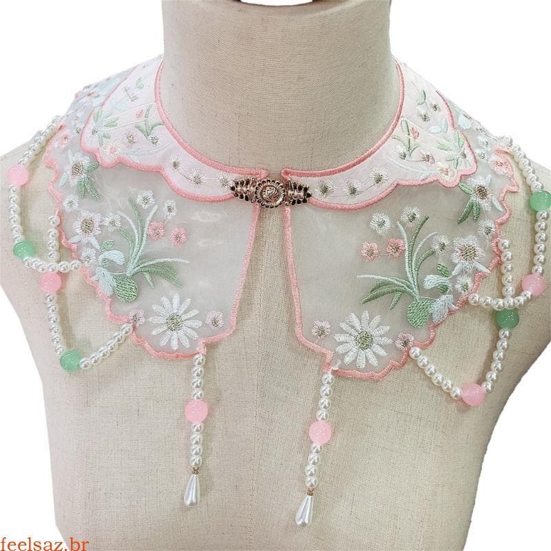 feelsaz Chinês Pérola Frisada Colar Falso Vintage Bordado Flor Xale Cachecol Boleros