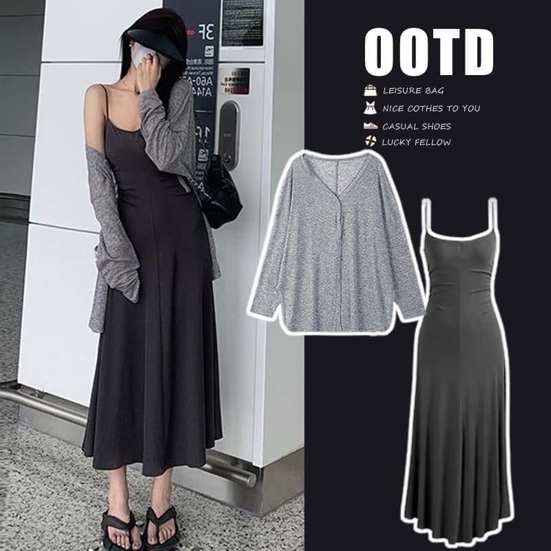 Maternidade primavera vestido 2026 novo estilo Suspender saia de duas peças moda terno início do outono moda saia elegan