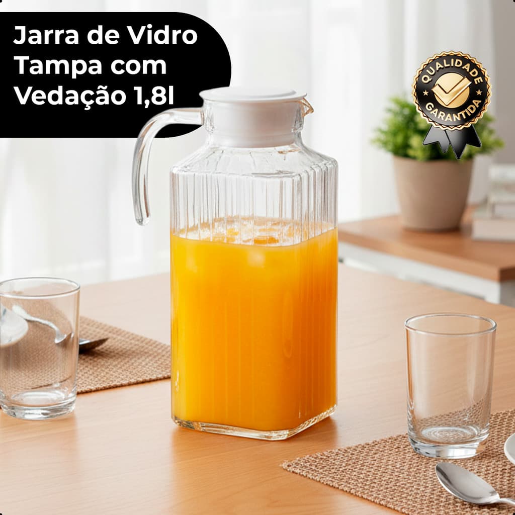 Jarra de Vidro com Alça em Vidro Canelado 1,8L  - Tampa Plástica Resistente Para Servir Suco Agua