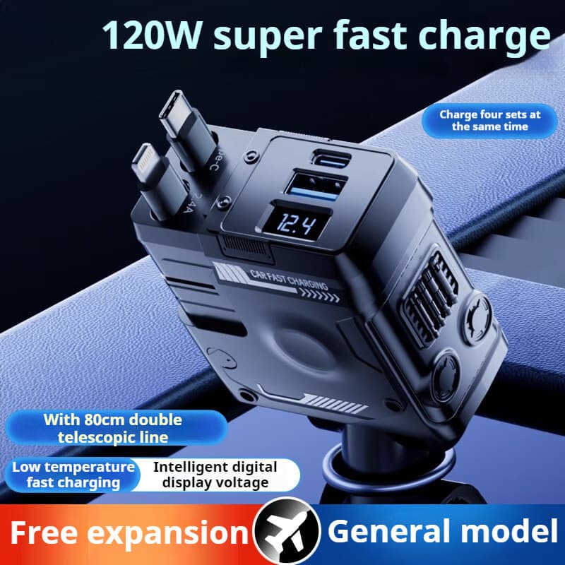 Adaptador Retrátil De Isqueiro Para Carregador De Carro 4 Em 1 120 W Com Cabo De Carregamento Rápido USB Tipo C Disposit