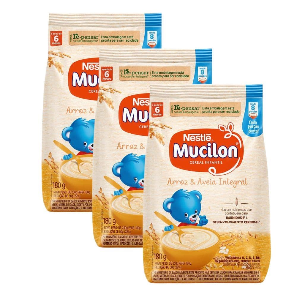 Kit 3 Mucilon Arroz e Aveia Integral Cereal Infantil Sachê 180g