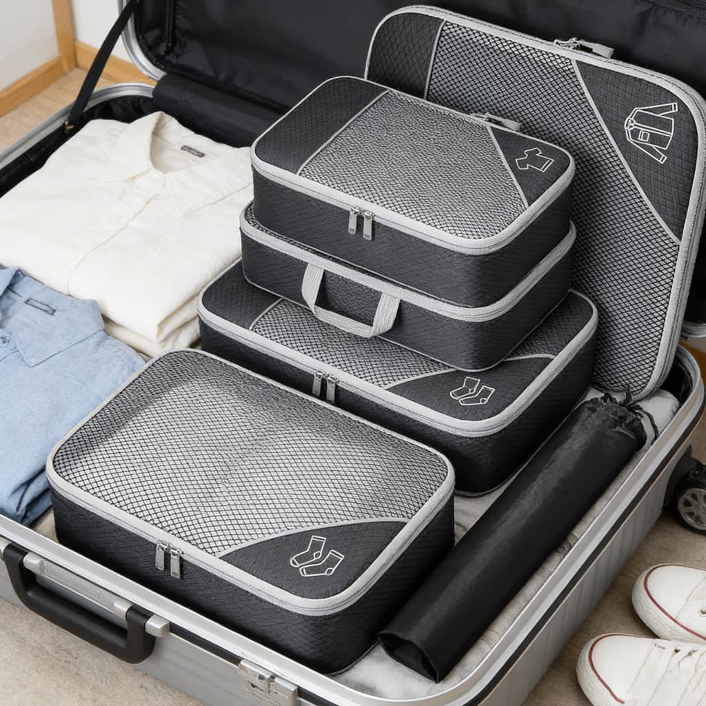 Kit Organizador de Viagem com Cubos de Compressão - 6 Peças, Nylon Resistente e Mesh