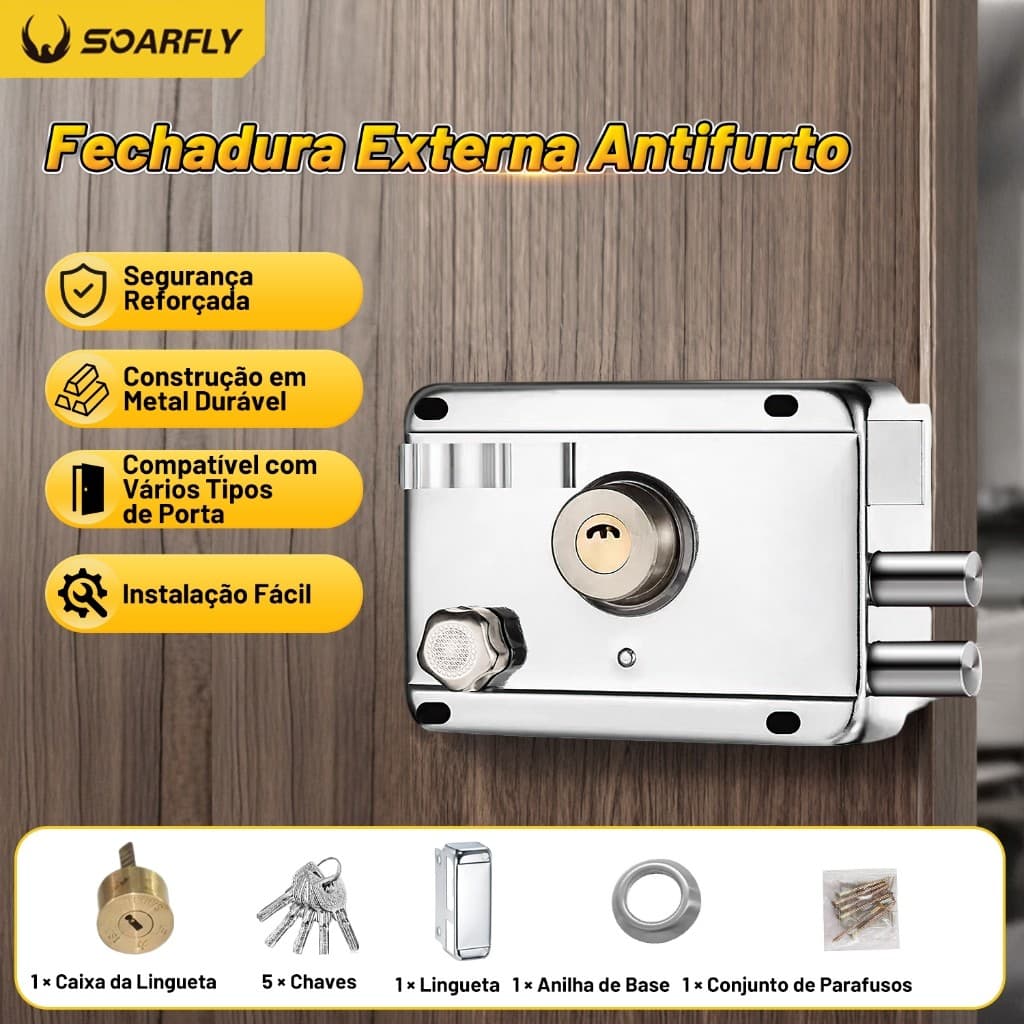 Fechadura Sobrepor Cromada Fechadura Externa Antifurto Trava Dupla, 5 Chaves Inclusas Ideal para Porta de Ferro