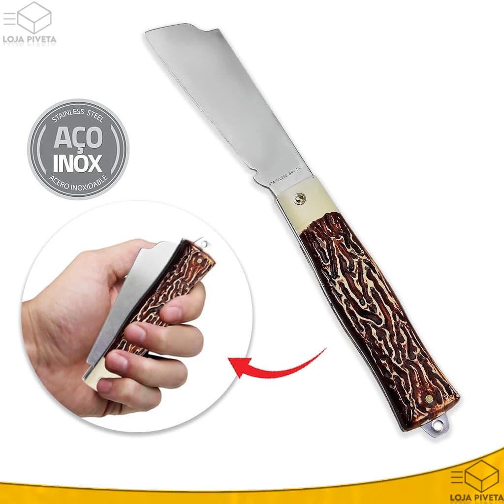 Canivete de Bolso Retrátil Ponta Larga Aço Inox Pica Fumo Pesca Roça Camping Dobrável FRETE GRÁTIS
