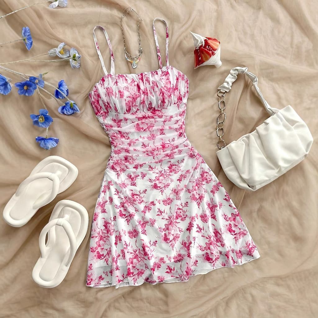 2026 Vestido Deslizante Sexy Floral Francês De Cintura Fina Para Férias