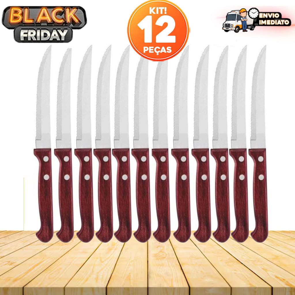 Jogo com 12 Facas de Mesa em Aço Inox com Cabo de Madeira – Ideal para Casa, Restaurantes e Churrascarias em oferta