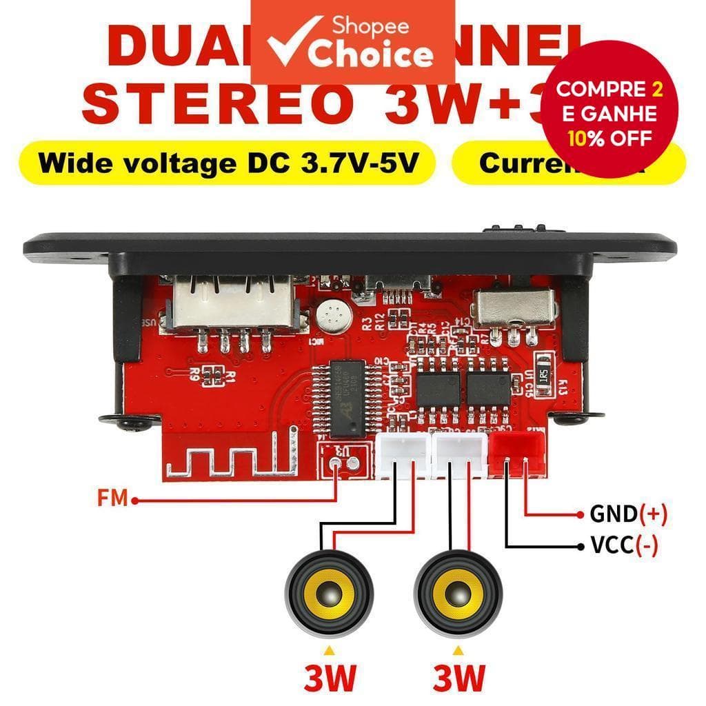 Placa Decodificadora MP3 de 6W com Amplificador Novo, Módulo de Música sem Perdas Bluetooth 5.0, Rádio FM para Carro,