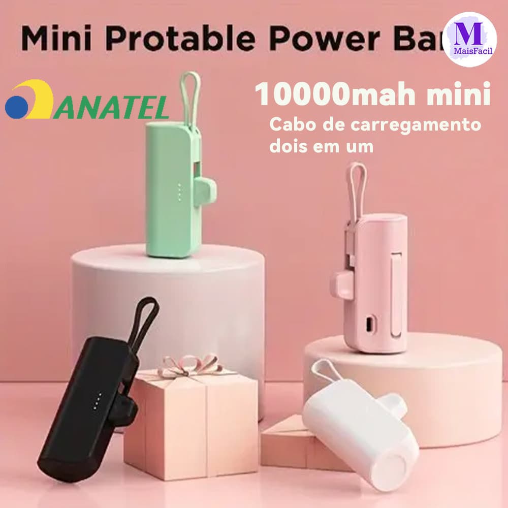 Power Bank Mini Sem Fio 2em1 - 10000mAh, Bateria Portátil para iPhone e Celulares com USB-C