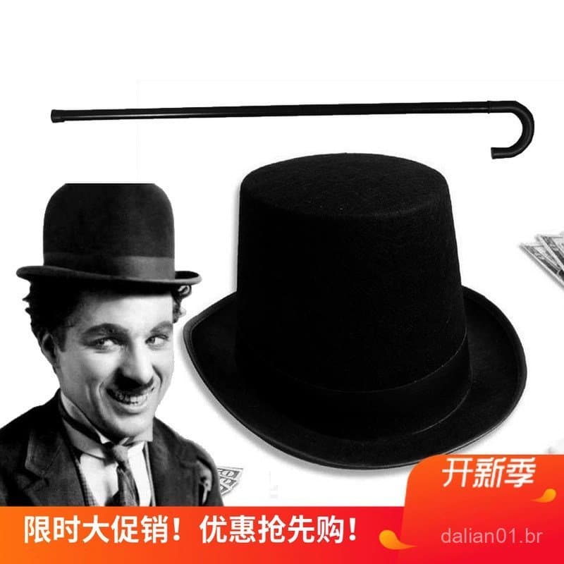 Adereços de palco: bengala de dança jazz do Chaplin, bigode, cartola de mágico, bengala para interpretação de personagen