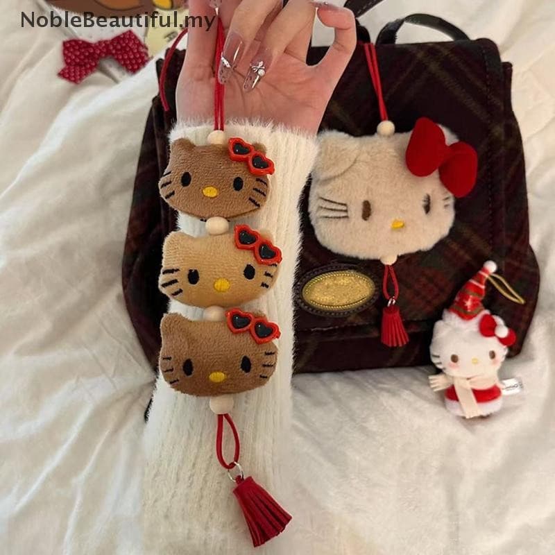 [NobleBeautiful] 1 Peça Anime Desenho Animado Pele Preta Kt Cabeça De Gato Chaveiro Ano Novo Vermelho Sanrio Hello Kitty