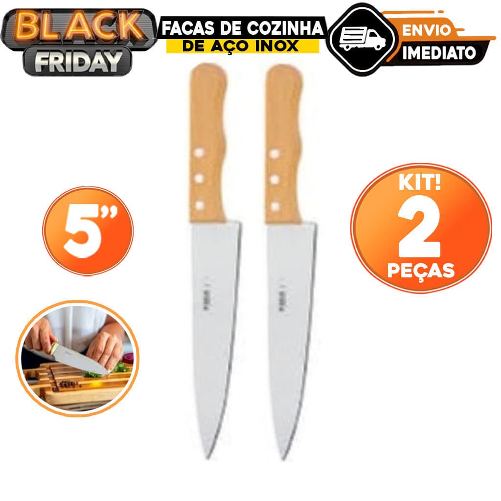 kit 2 Facas de Cozinha Aço 5´´ Inox Cabo de Madeira Carne Salada Legumes Churrasco