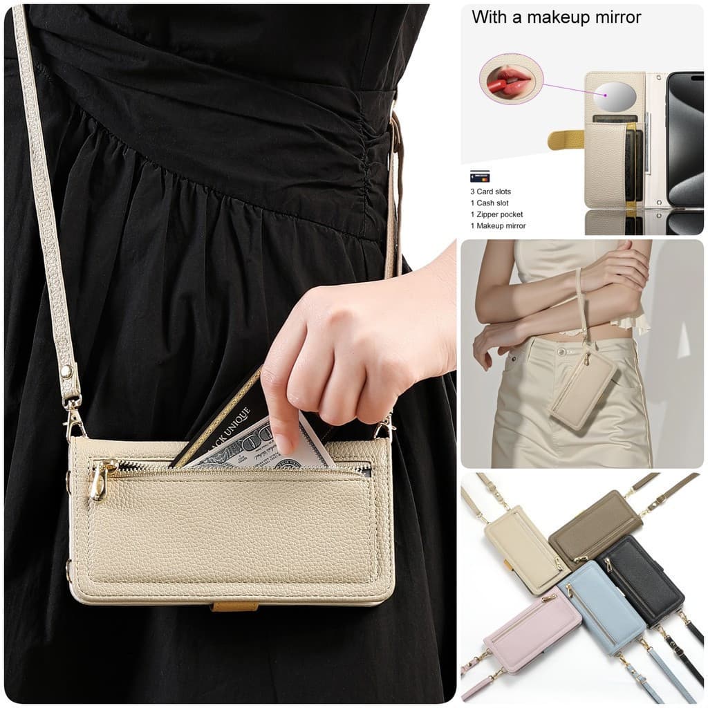 Carteira Crossbody Com Zíper Suporte Para Cartão , Capa De Telefone Samsung F55 F54 F34 F16 F15 F06 F05 F04 Espelho