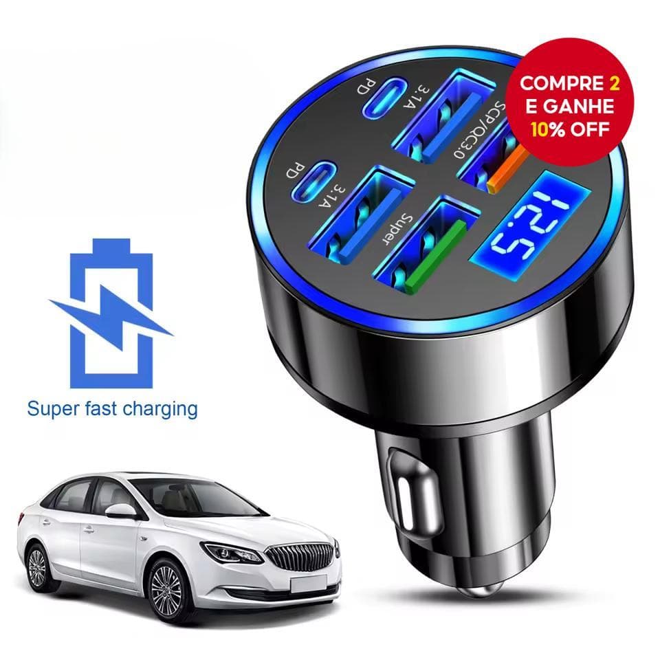  Adaptador de carro de carregamento rápido 6 em 1 3.1A Dual Type-C Display Digital Smartphones Tablets Bancos de energia