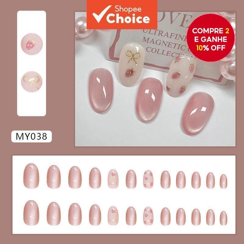 24 unhas postiça com cola jelly, design de olho de gato e morango em cartoon.