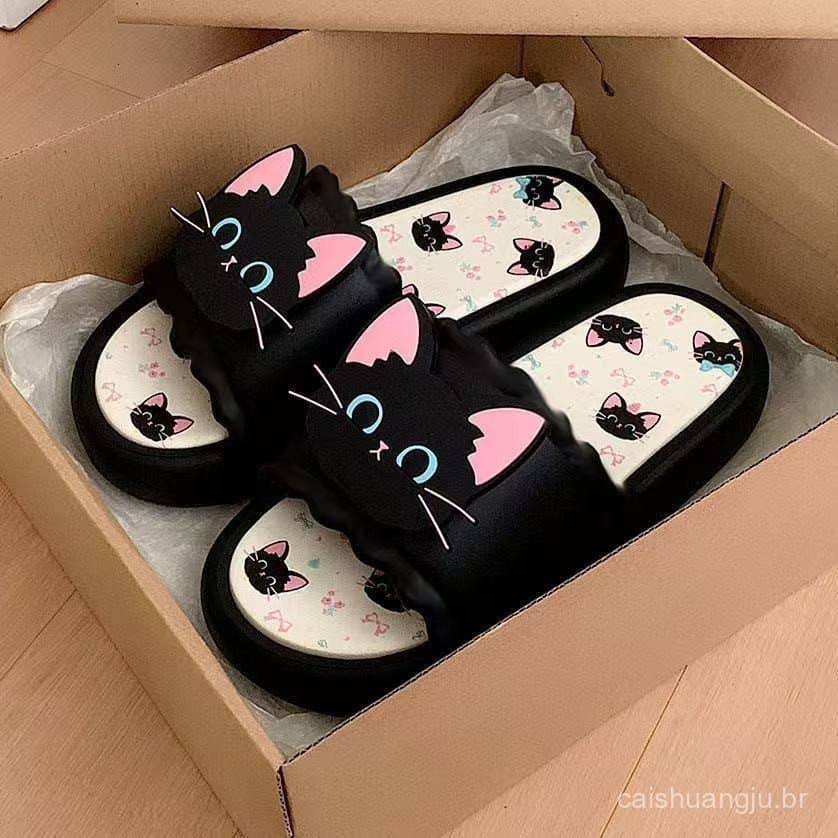 Chinelos de gato pretos com sola macia antiderrapante, adequados para uso doméstico e no escritório no verão.