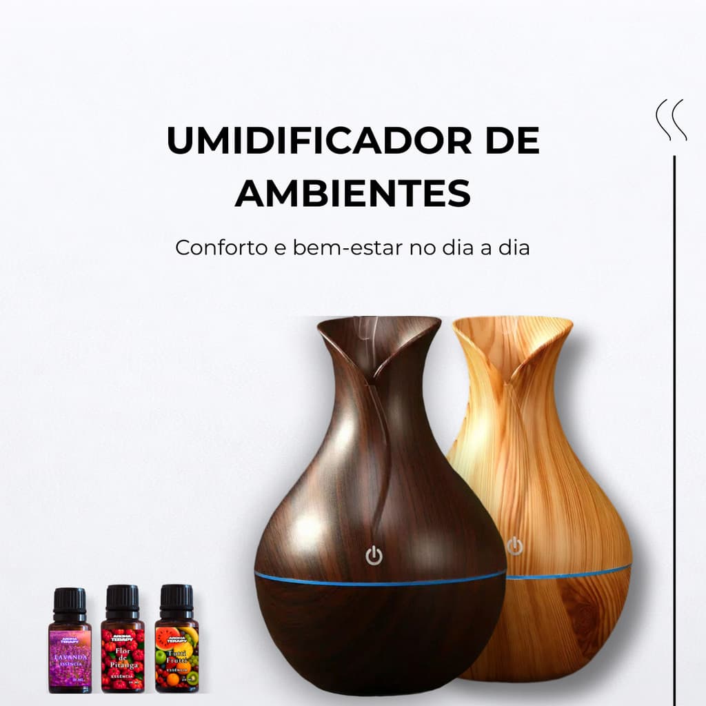 Umidificador de Ar Aromatizador Portátil  – Design Madeira Elegante Premium 2.0