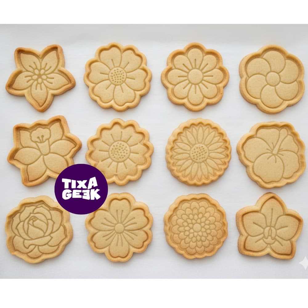 Kit 12 Cortadores e Marcadores Biscoito - Margarida Rosa Flor de Cerejeira Hibisco Peônia/Dália