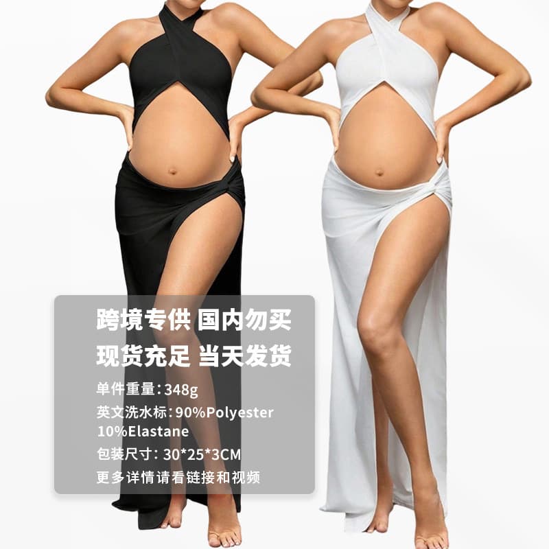 Vestido de maternidade para sessão de fotos, corte justo, com saia longa, decote cruzado, fenda, design sensual com reco