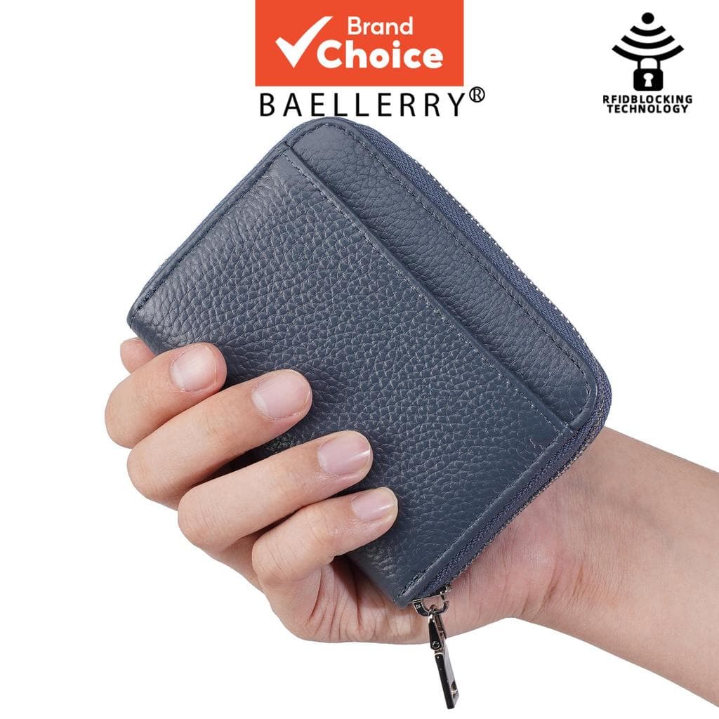  Porta-cartões de couro legítimo Baellerry com bloqueio RFID - carteira compacta com zíper para mulheres e homens