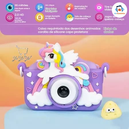 Mini Câmera Infantil Temática Unicórnio com Estojo de Silicone - Diversão com Fotos e Jogos