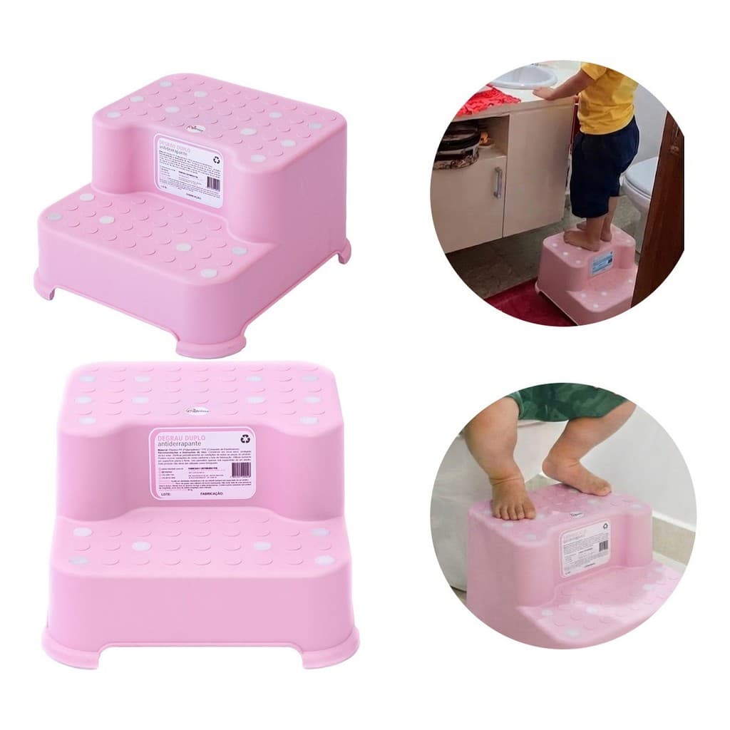 Escadinha Infantil c/ 2 Degraus Antiderrapante p/ Vaso Pia Rosa Escada com Degrau Bebê inmetro Rosa