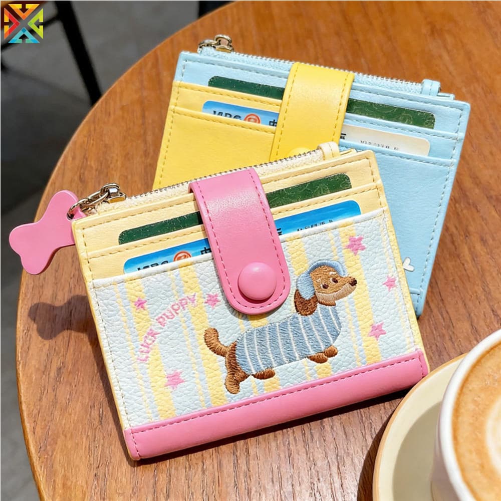 Casual Estilo Coreano Bordado Salsicha Cão Carteira Bolsa Dos Desenhos Animados Moeda Titular Do Cartão Ultra Fino Couro