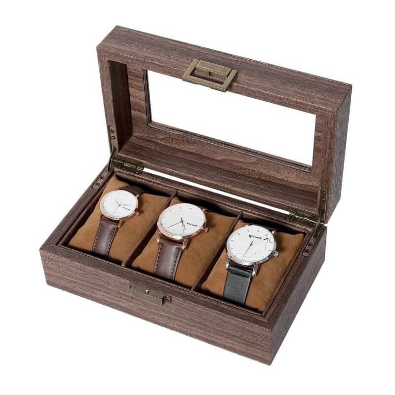Porta-Relógio Caixa Organizadora Estojo de Madeira com 3 Nichos Estilo Retrô com Visor de Vidro