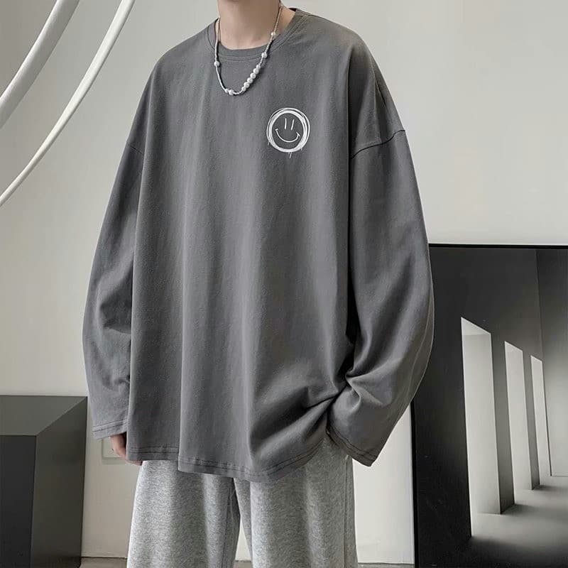 Camiseta de manga comprida masculina primavera outono nacional na moda All-Match solto tamanho grande topo casal na moda