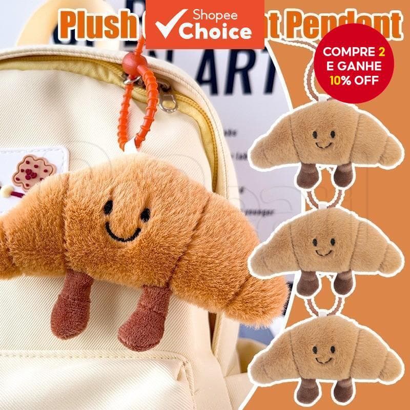 Pingente de Croissant Plush - Chaveiro de Comida, Brinquedo de Pão Fofinho, Pendente para Mochila ou Bolsa.