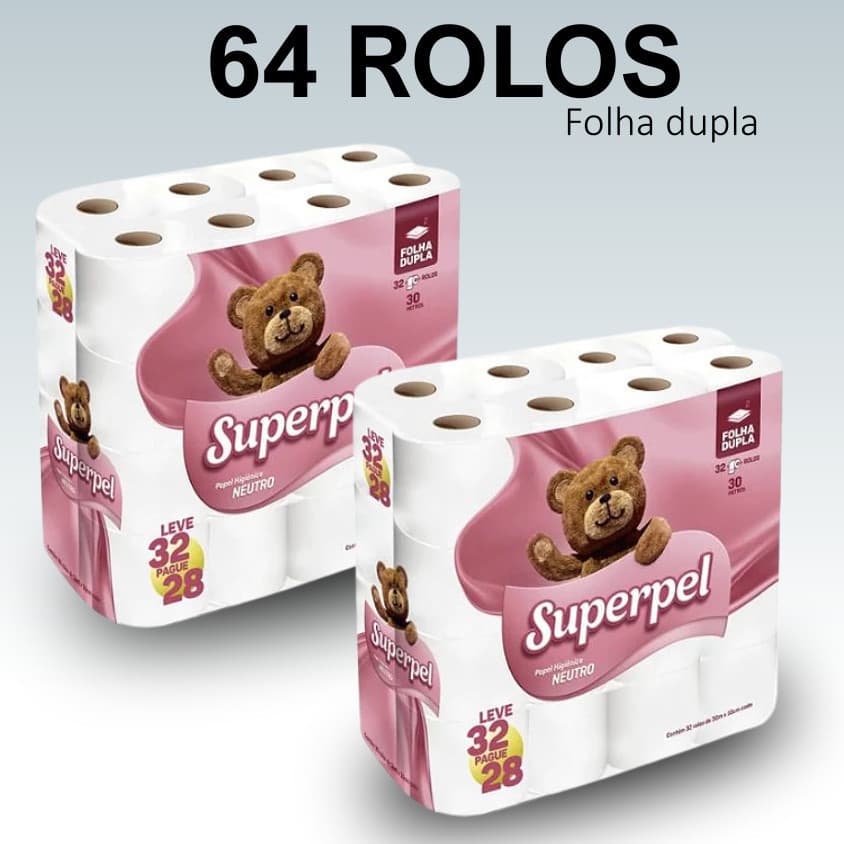64 Rolos Papel Higiênico Folha Dupla SuperPel 10Cm X 30M