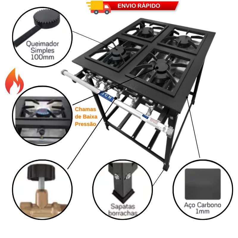 Fogão Standard Alta Pressão P5 Industrial 4 Bocas Completo JCN Para restaurantes cozinha bares sitio