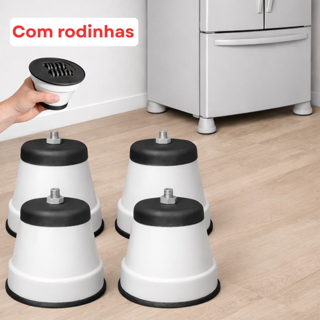 Pés com Rodinha Para Geladeira Jogo 4 Universal Ajustável