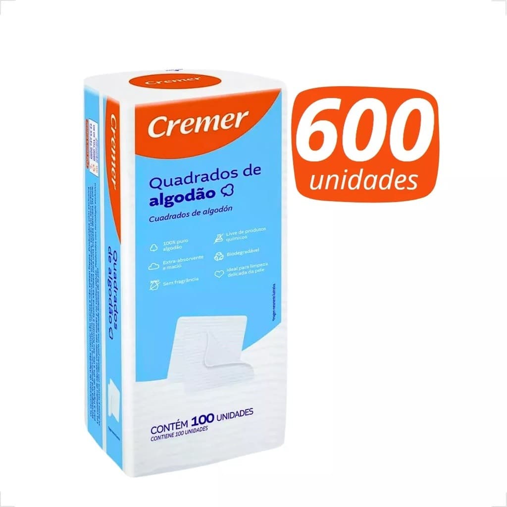 Algodão Quadrado Sem Perfume Cremer 100 UN KIT C/ 6 PACOTES