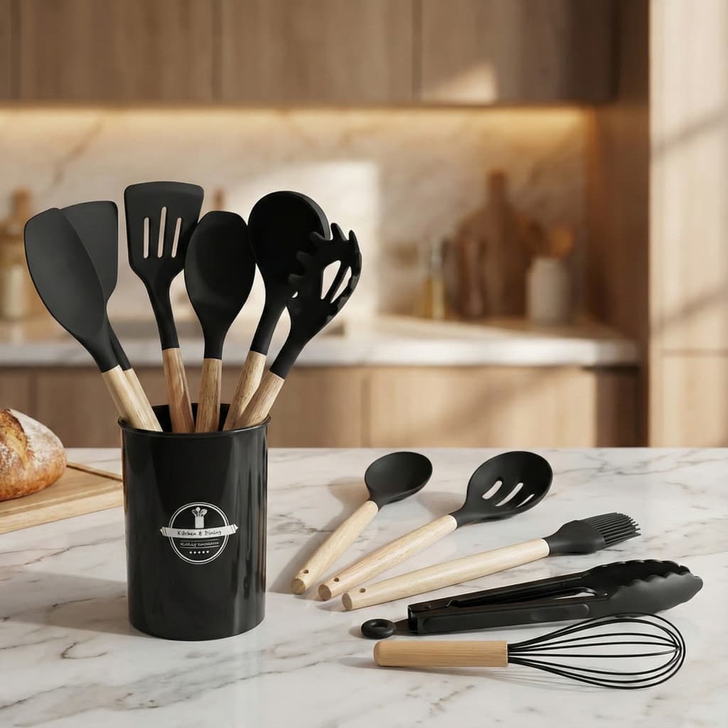 Kit de Utensílios de Cozinha 12 Peças em Silicone com Cabo de Madeira Copo Suporte Completo